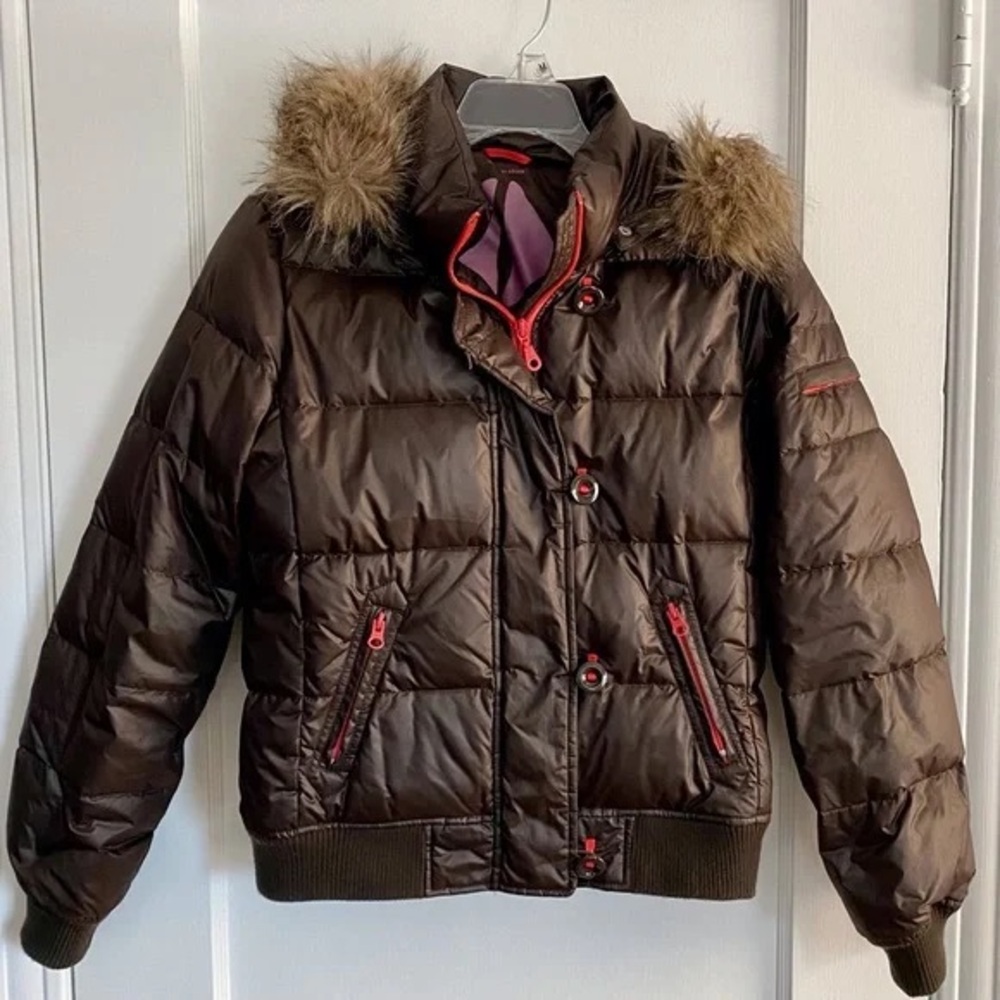 Gap Espresso Brown Puffer Winter Coat with Removable faux Fur Hood Size Large